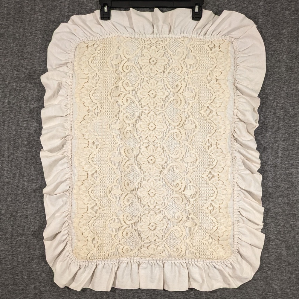 VTG Lace Pillow Shams Pair Cream Ruffle Floral Cottage 26x19 Set of 2